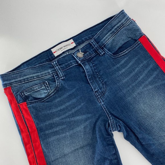 Etienne Marcel Tammy Side Stripe Skinny Double Red Ribbon High Low Raw Hem Jeans - Picture 3 of 16